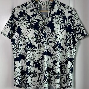 Wrapper Tropical Hibiscus Floral Button Neck Blouse Coastal Grandmother Style